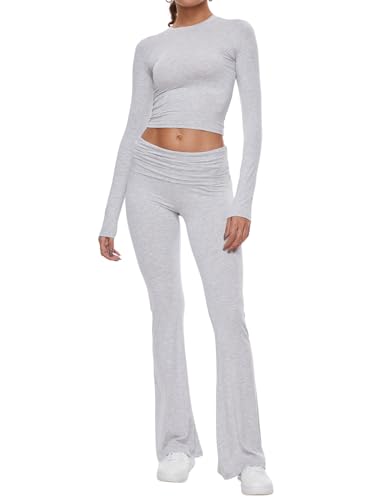 AnotherChill Women's 2 Piece Lounge Sets Fold-over Flare Pants Set Long Sleeve Cropped Top Casual Outfits Pajamas (Light-Gray, Medium)