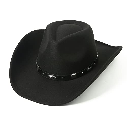 Lanzom Women Men Classic Felt Wide Brim Western Cowboy Cowgirl Hat with Belt Buckle(Medium,Black)