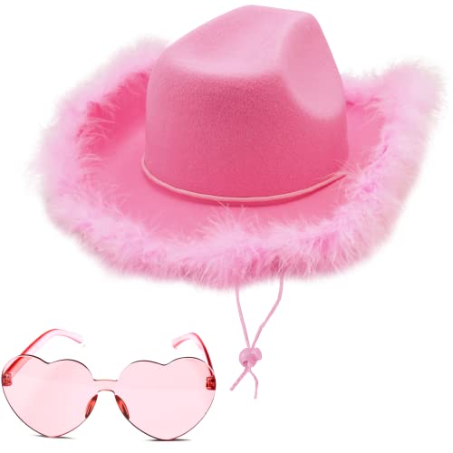 4E's Novelty Pink Cowboy Hat with feathers With Heart Shaped Sunglasses for Women, Felt Pink Cowgirl Hat for Party Costume Dress Up
