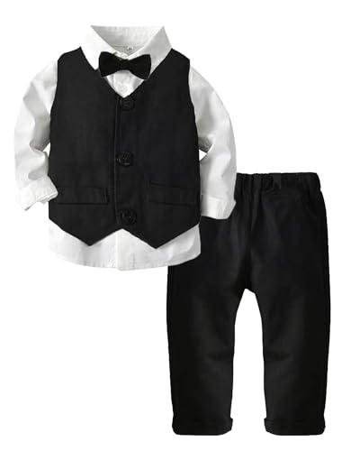 Toddler Boy Clothes Suit Gentleman Wedding Outfits, Formal Dress Shirt+Bowtie+Vest+Pants, US 18-24 Months = Tag 90