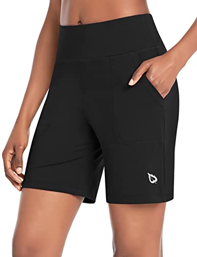 BALEAF Shorts for Women 7' Athletic Long Shorts High Waisted Running Bermuda Shorts with Pockets Black XX-Large