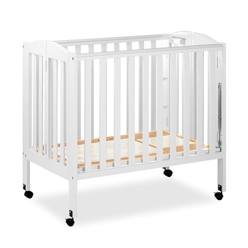 Dream On Me 3 in 1 Portable Folding Stationary Side Crib in White, Greenguard Gold Certified, Safety Wheel with Locking Casters, Convertible, 3 Mattress Heights