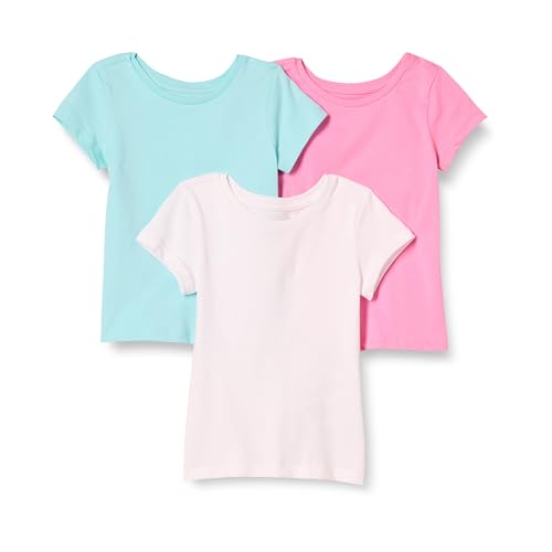 Amazon Essentials Toddler Girls' Short-Sleeve T-Shirt Tops (Previously Spotted Zebra), Pack of 3, Aqua Blue/Pink/White, 2T