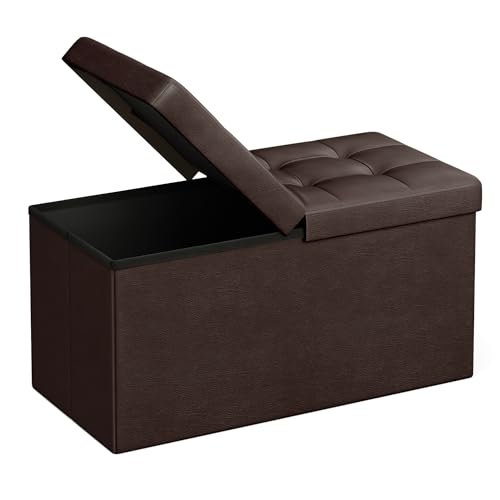 SONGMICS 30 Inches Folding Storage Ottoman Bench with Flipping Lid, Storage Chest Footstool, Faux Leather, Brown ULSF45BR