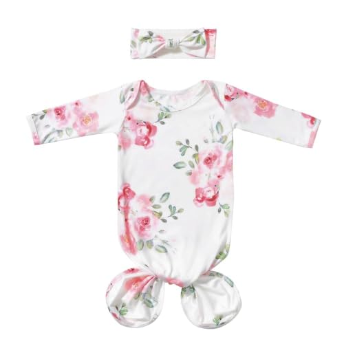Mikccer Baby Knotted Gown Newborn 0-6 Months, Soft Breathable Sleeper Gowns, Baby Girl Coming Home Outfit Infant Watercolor Floral Baby Gown with Headband Set