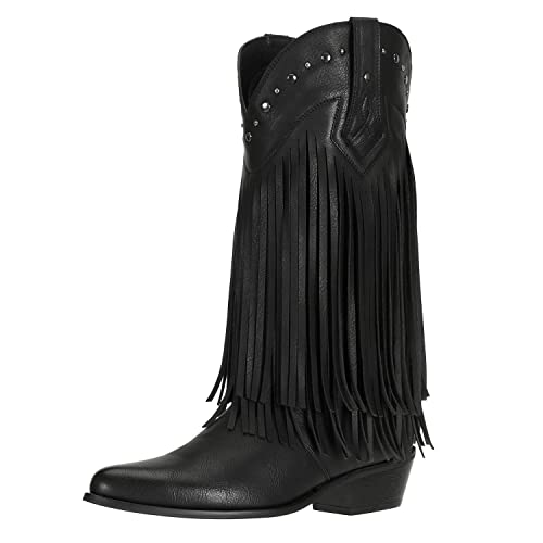 SheSole Women's Fringe Western Boots Wide Calf Riding Cowgirl Cowboy boots Black US 9