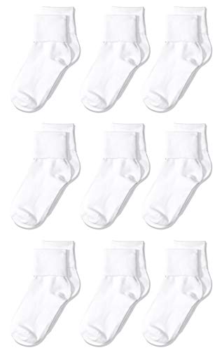 Amazon Essentials Toddler Girls' Cotton Uniform Turn Cuff Sock, 9 Pairs, White, 4-5T