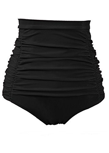 COCOPEAR Women's Ruched High Waisted Bikini Bottom Retro Vintage Swim Short Tankinis Black L/10-12