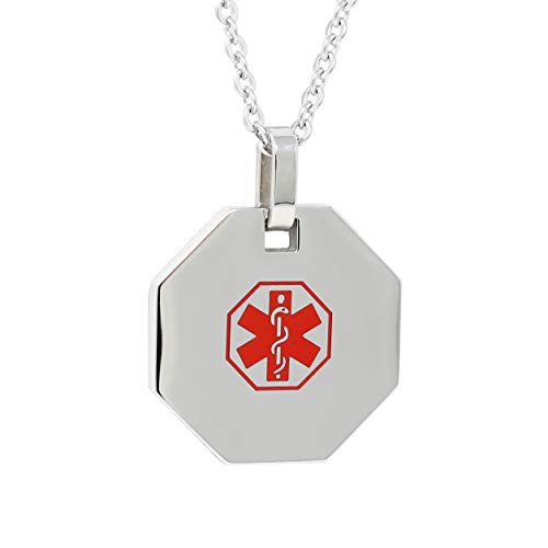 My Identity Doctor - Medical Alert Mens Womens Necklace with Pendant - Custom Engraving for Diabetes Warfarin Dialysis Stroke Pacemakers - 22in - 56cm Chain - Red