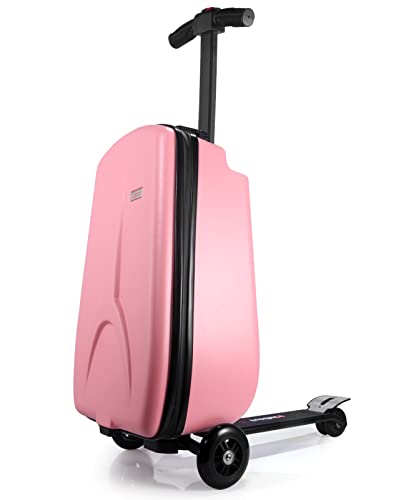 iubest Luggage Carry On Scooter Suitcase for Kids Age 4-15, Detachable & Foldable 4 in 1 Suitcase, Multifunctional Ride On Travel Trolley Scooter Combo-Pink