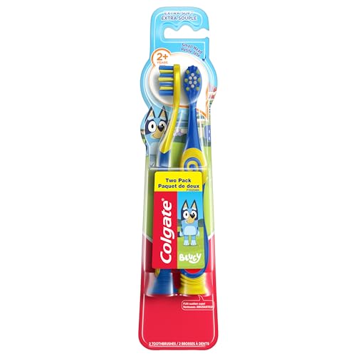 Colgate Bluey Extra Soft Toothbrush for Kids, Kids Toothbrush Pack with Built in Suction Cup Toothbrush Holder, Designed for Children Ages 2 and Up, Extra Soft Bristles, 2 Count (Pack of 1)