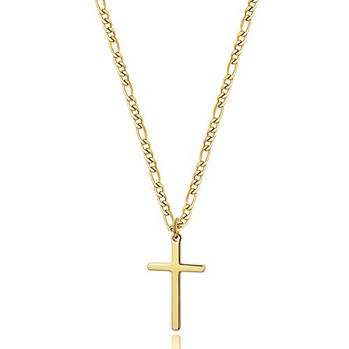 14K Gold Filled Cross Necklace for Men Figaro Chain Cross Necklace Stainless Steel Plain Cross Pendant Necklace Simple Faith Jewelry Gift for Boys 16'