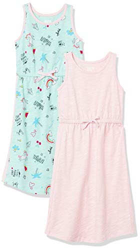 Spotted Zebra Girls' Knit Sleeveless Maxi Dresses, Pack of 2, Aqua Green Doodles/Light Pink, Small