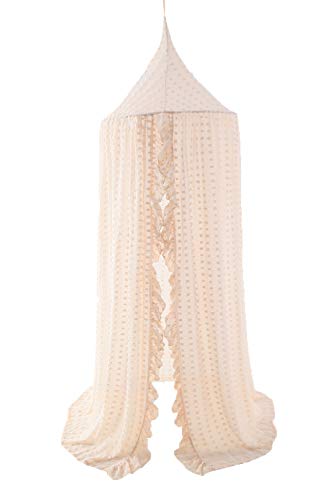 Wonder Space Elegant Kids Bed Canopy - Lace Chiffon Netting with Pom Pom, Princess Girls Fairy Dream Tent, Nursery Room Baby Crib Hanging Curtain Mosquito Net Children Reading Nook Decoration (Beige)