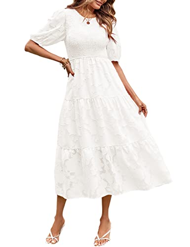 MEROKEETY Women's 2024 Summer Puff Sleeve Smocked Floral Dress Crewneck Lace Flowy Tiered Midi Dresses,White,M