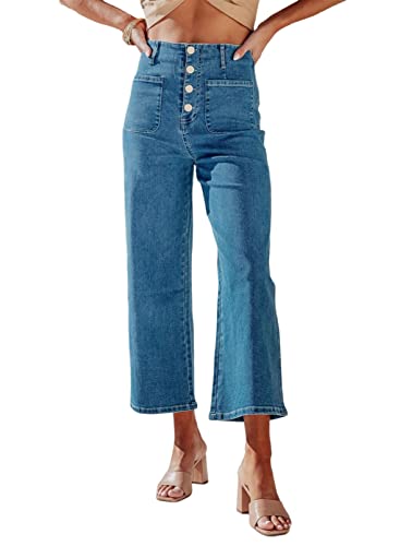 Sidefeel Women's Wide Leg Jeans High Waisted Stretchy Capri Pants Buttoned Loose Denim Pants with Pocket Blue Size 6