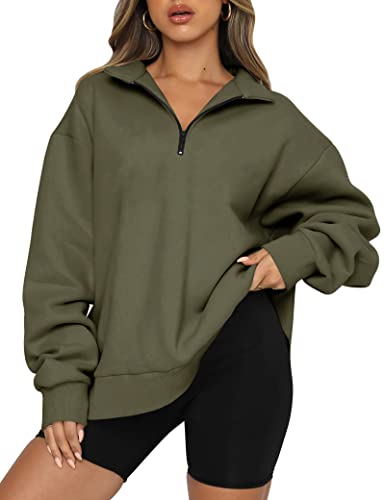 Trendy Queen Womens Oversized Half Zip Pullover Long Sleeve Sweatshirts Quarter Zip Hoodies Sweaters Teen Girls Fall Y2K Clothes Armygreen