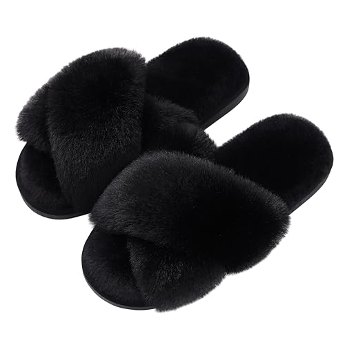 Evshine Women's Fuzzy Slippers Cross Band Memory Foam House Slippers Open Toe, Black, 38-39 (Size 7-8)