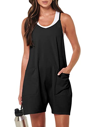 ANRABESS Women's Summer Casual Sleeveless Romper Loose Spaghetti Strap Shorts Overalls Jumpsuit with Pockets 2024 Clothes Black A948heise-XL