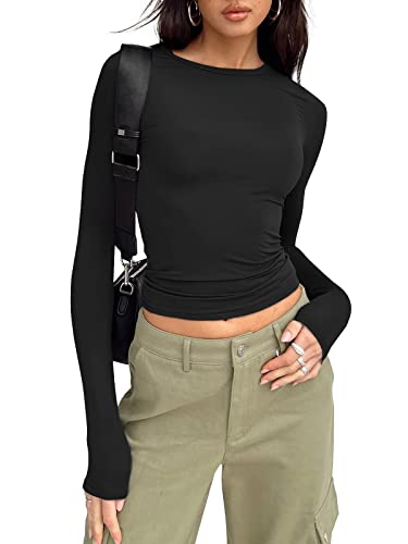 Trendy Queen Long Sleeve Shirts for Women Basic Spring Crop Tops Tees Tight Slim Fit Cute Going Out New Year Outfits Teen Girls Fall Winter Y2k Clothing 2024 Black
