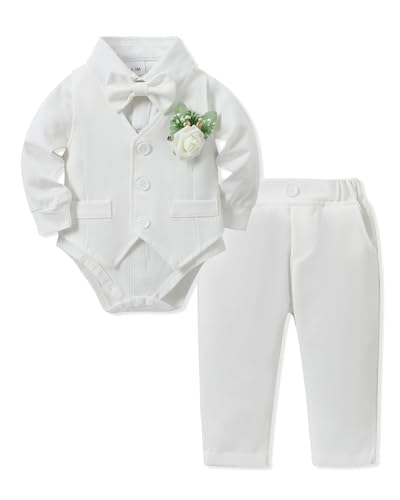 SANMIO Baby Boy Baptism Outfit Baby Boy Suits Collared Dress Shirt+Vest+Tie+Corsage+Pants Baby Christening Formal Outfits 5Pcs Sets