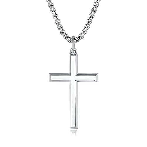 FANCIME Cross Necklace for Men Women Silver Cross Necklaces Sterling Silver Cross Pendant High Polished Plain Mens Big Large Gifts For Boys,With Strong Stainless Steel Box Chain Length 24 Inch