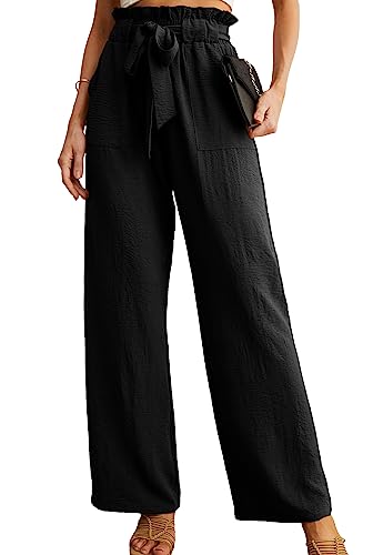 IWOLLENCE Women's Wide Leg Pants with Pockets High Waist Adjustable Knot Loose Casual Trousers Business Work Casual Pants Black Large