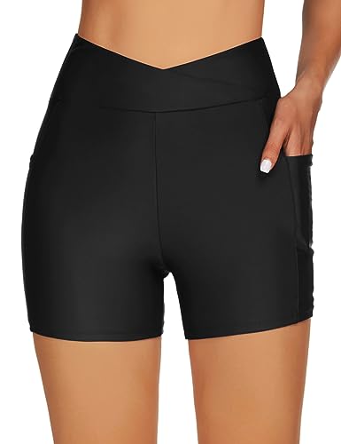 Tournesol Plus Size Women's Swim Shorts High Waist Swimsuit Bottoms Tummy Control Bathing Suit Swimwear Boyshorts with Pocket