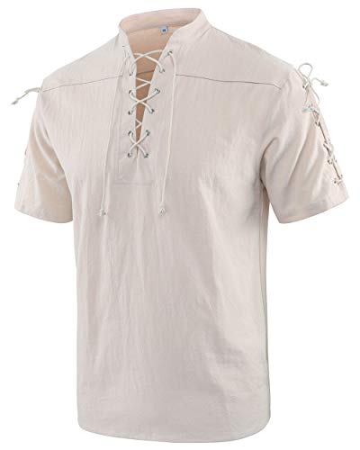 Moomphya Men's Medieval Retro Lace-Up Short Sleeve Renaissance Gothic V-Neck T-Shirts (Beige, Large)