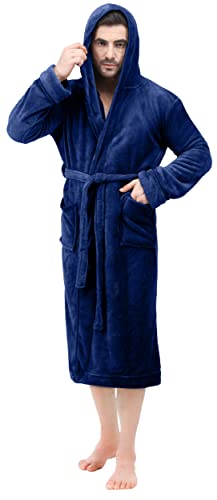 NY Threads Mens Hooded Fleece Bathrobe Plush Long Spa Robe, Large-X-Large, Navy