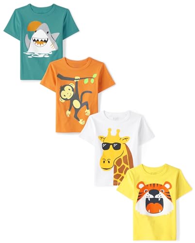 The Children's Place Baby Toddler Boys Short Sleeve Multi Color Graphic T-Shirt, 4 Pack, Shark/Monkey/Giraffe/Tiger, 3T