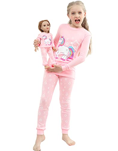 Babyroom Girls Matching Doll&toddler 4 Piece Cotton Pajamas Toddler Unicorn Sleepwear size 4 Pink