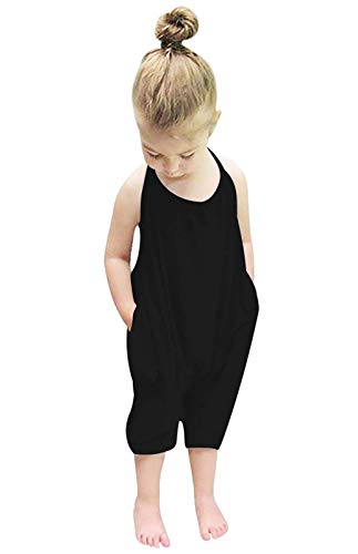 Lindanina Slouch Jumpsuit for Toddlers Baby Harem Strap Romper Little Girls Backless Halter Playsuit with Pockets Cute Solid One Piece(Black, 2-3T)