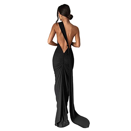 ABYOVRT Women Sexy Backless Dress Bodycon Sleeveless Open Back Maxi Dress Going Out Elegant Party Cocktail Long Dress (B-Black, S)