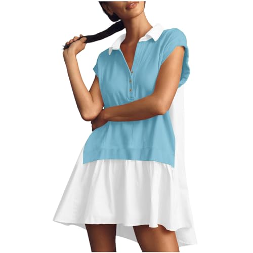 Tshirt Dress for Women Color Block Casual Mini Dress High Low Hem Summer Tunic Dress Button Down Lapel V Neck Short Dress Light Blue