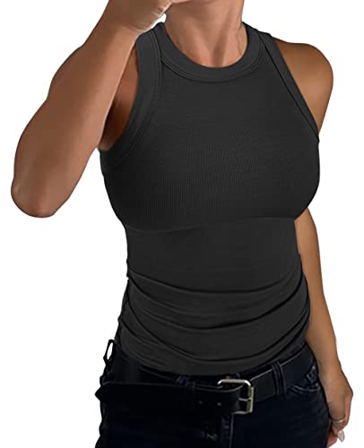 GEMBERA Womens Sleeveless Racerback High Neck Casual Basic Cotton Ribbed Fitted Tank Top Black M