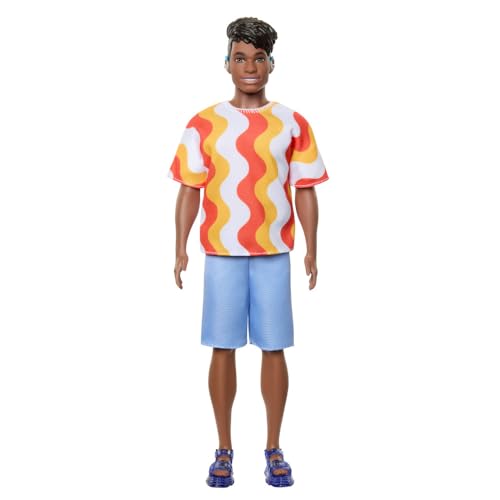 Barbie Fashionistas Ken Doll #220 with Behind-The-Ear Hearing Aids & Broad Body Wearing a Removable Orange Patterned Shirt, Shorts & Jelly Sandals