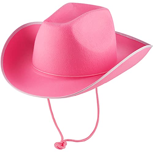 Bedwina Pink Cowgirl Hat - Felt Cowboy Hat with White Trim and Adjustable Neck-String, Fits Most Women and Girls for Bachelorette, Play Costume Accessories, Themed Party or Dress-Up