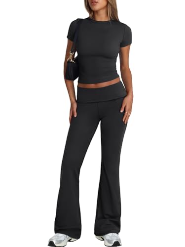 Trendy Queen Lounge Sets For Women 2 Piece Casual Y2K Outfits Short Sleeve Cropped Tops Fold Over Flare Pants Tracksuits