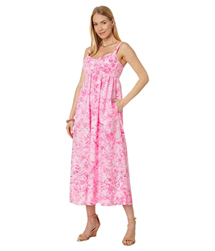 Lilly Pulitzer Azora Cotton Midi Dress for Women - Lightweight Cotton Poplin - Fit-and Flare - Printed Peony Pink Seaside Scene 4 One Size