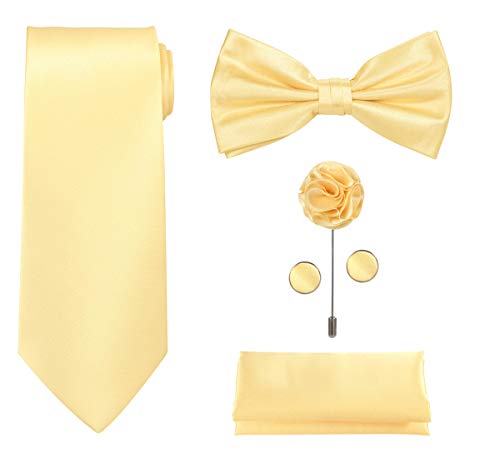 TIE G 5pcs Tie Set in Gift BOX WHITE OR BLACK: Solid Color Necktie, Satin Bow Tie, Pocket Square, Lapel, Cuff Links (A-Yellow)