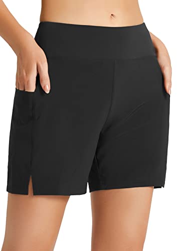 BALEAF Women's Swim Shorts High Waisted Swimsuit Bottom Tummy Control Tankini Bathing Suit 5' Board Shorts Quick Dry with Pockets Black M