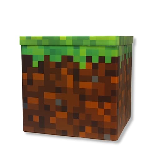 Large 14 x 14 Pixelated Box - GRASS | Birthday Party Supplies | Storage Decoration and Prop, Big Birthday Box | Storage Bin Chest With Lid Gift Accessory (Dirt Block)