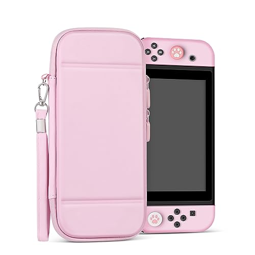 TNP Carrying Case For Nintendo Switch - Easy Carry Switch OLED Travel Case With Removable Wristlet Strap, Slim Case for Nintendo Switch with 10 Game Card Storage & 4x Thumb Grip Caps, Light Pink