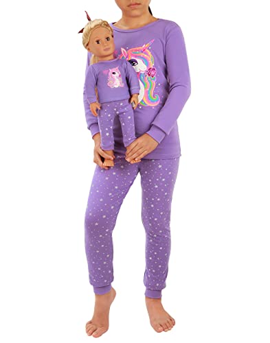 HDE Girls Unicorn Pajamas with Matching Doll Outfit Cotton Pajama Set for Girls Purple Magic Unicorn/Long - 8