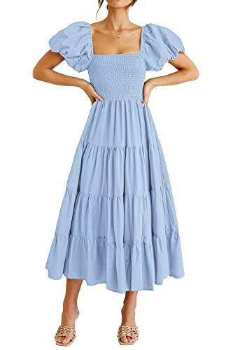 PRETTYGARDEN Women's Casual Summer Midi Dress Puffy Short Sleeve Square Neck Smocked Tiered Ruffle Dresses (Light Blue,Large)