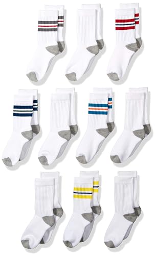 Amazon Essentials Toddler Boys' Cotton Crew Gym Socks, 10 Pairs, White Stripe, 4-5T