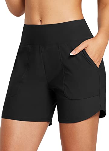 BALEAF Women's Swim Shorts Tummy Control Modest Swimsuits Bathing Suit Bottoms 5' Board Shorts Beach Trunks with Pockets Black XL
