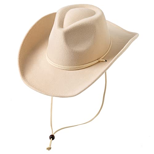 Lanzom Women Men Retro Felt Wide Brim Western Cowboy Cowgirl Hat Dress Up Hat with Wind Lanyard Fit Size 6 8/7-7 1/4(Beige,Medium)