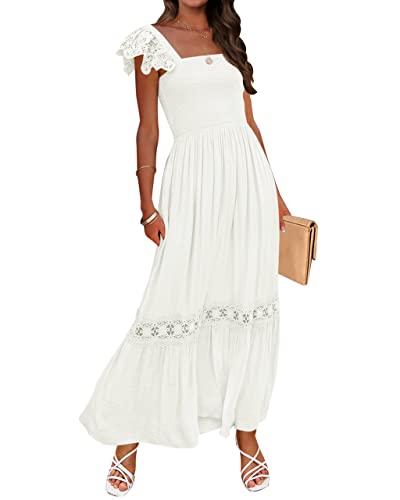ZESICA Women's 2024 Summer Lace Strap Sleeveless Square Neck Smocked High Waist Ruffle Hollow Out Flowy A Line Maxi Dress,White,Medium